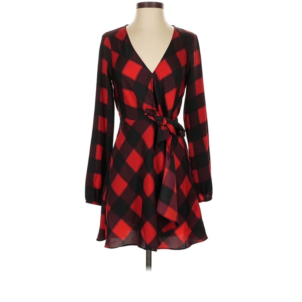 Express XS Red & Black Plaid Wrap Dress | Long Sleeve | Excellent Condition